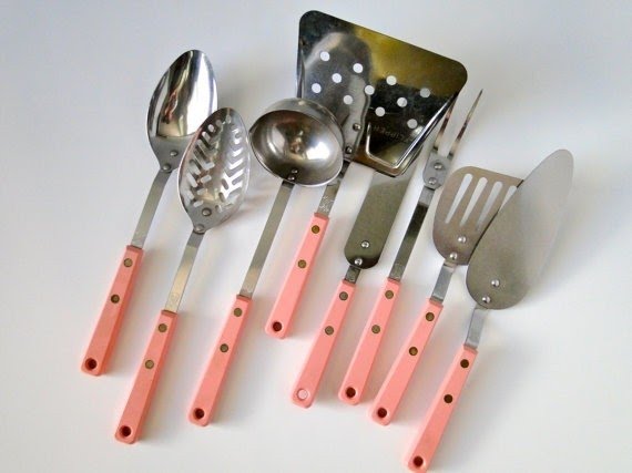 Pink kitchen utensils mid century