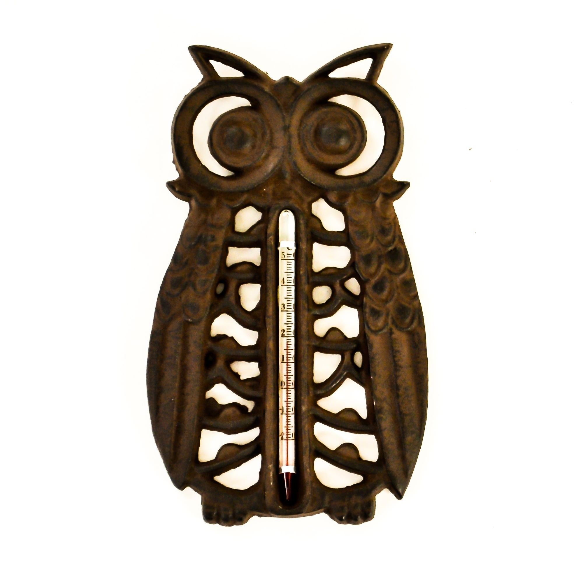 Rustic Vintage Wide Owl Cast Iron Ornate Indoor Outdoor Garden Wall Thermometer