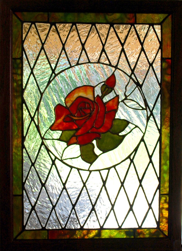 Stained glass panel victorian red rose