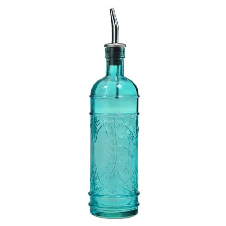 Unique Kitchen Olive Oil, Liquid Dish or Hand Soap Glass Bottle Dispenser ~ Metal Pour Spout Included with Olive Leaf Design Glass Bottle