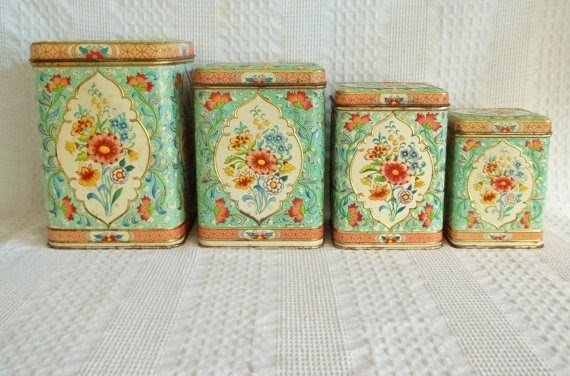 Vintage set tin cannisters turqoise mint