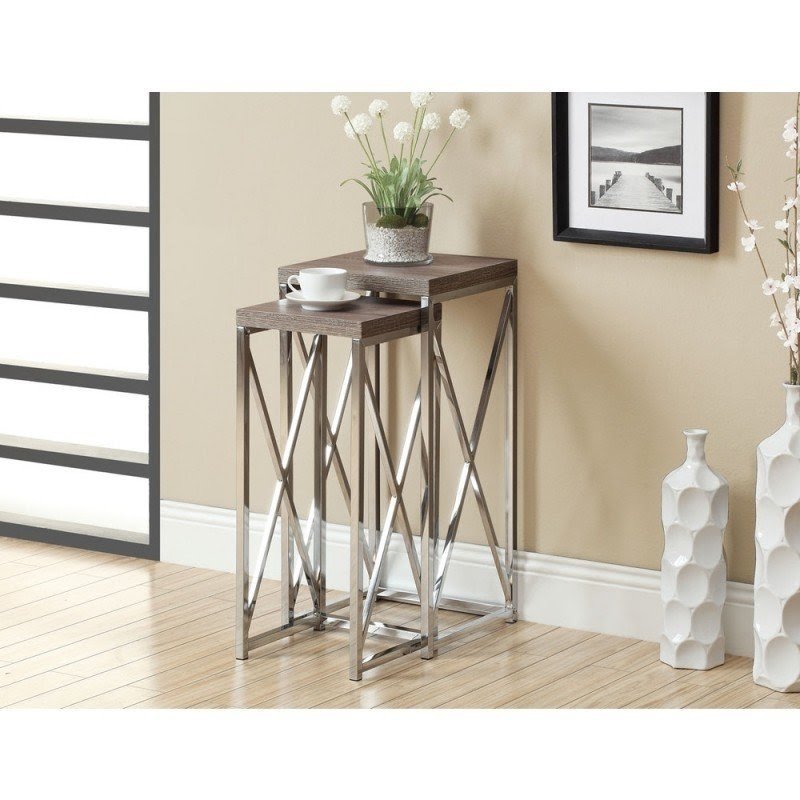 Dark taupe reclaimed look chrome plant stands set of 2