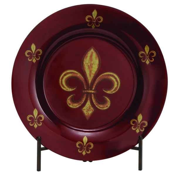 Fleur De Lis Decorative Round Glass Accent Plate with Metal Stand, 19-inch, Red Gold
