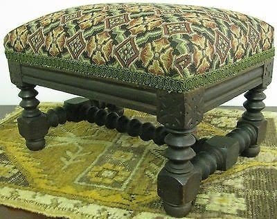 Period spool carved belgium walnut miniature foot stool with tapestry
