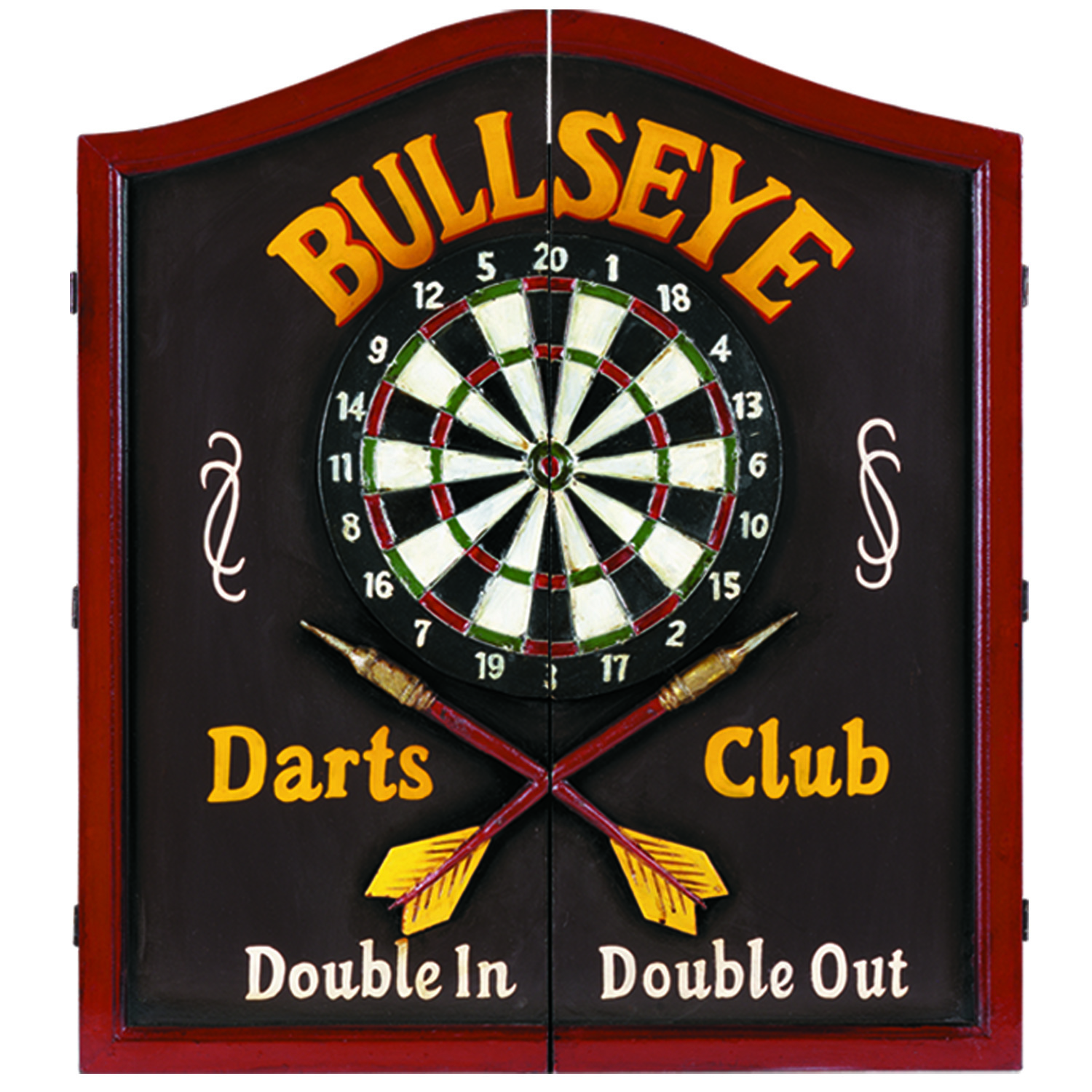 RAM Gameroom Products Wooden Dartboard Cabinet, "Bullseye Darts Club - Double In, Double Out"