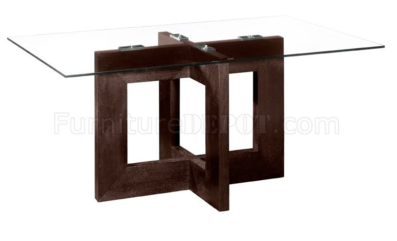 Rectangular glass top modern dining table with wooden base