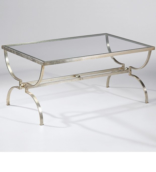 Wrought iron coffee table with lightly antiqued silver leaf finish