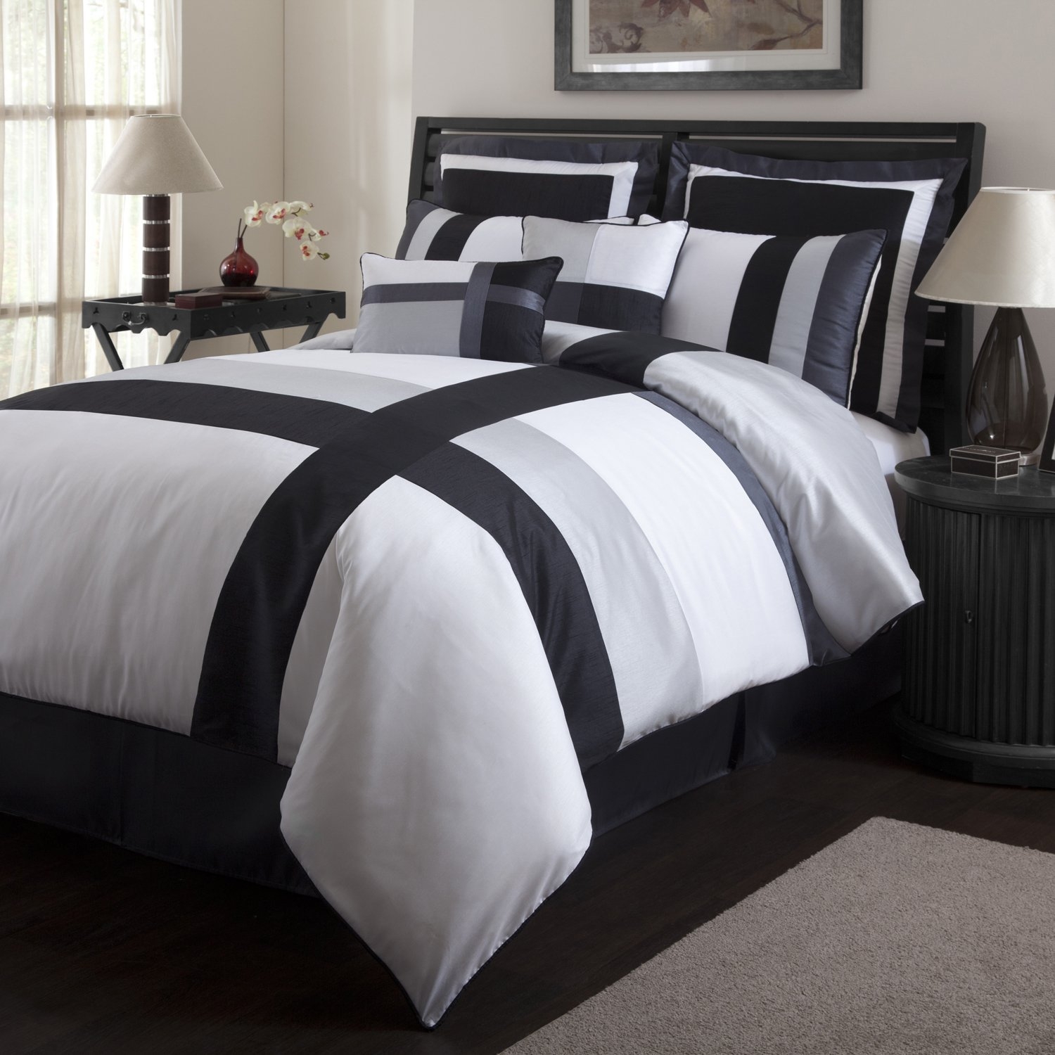 8 Pc. Faux Silk Bella Comforter Set with Black, White and Grey Stripes Queen Size