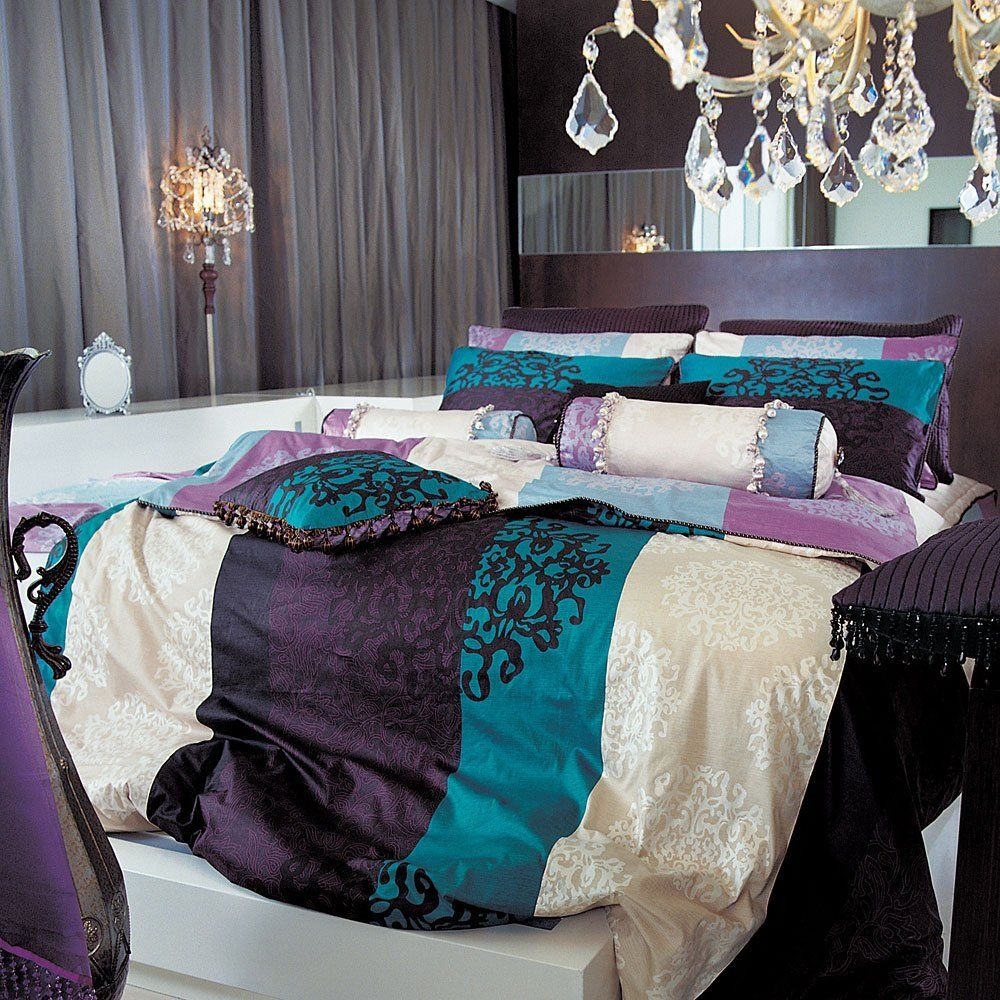 820TC Black Damask Turquoise & Purple Duvet Set - King
