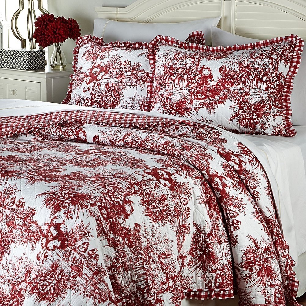 Bedding quilts coverlets french toile 100 cotton 3pc quilt set