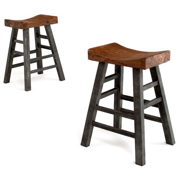 Reclaimed wood rustic bar stool with curved back