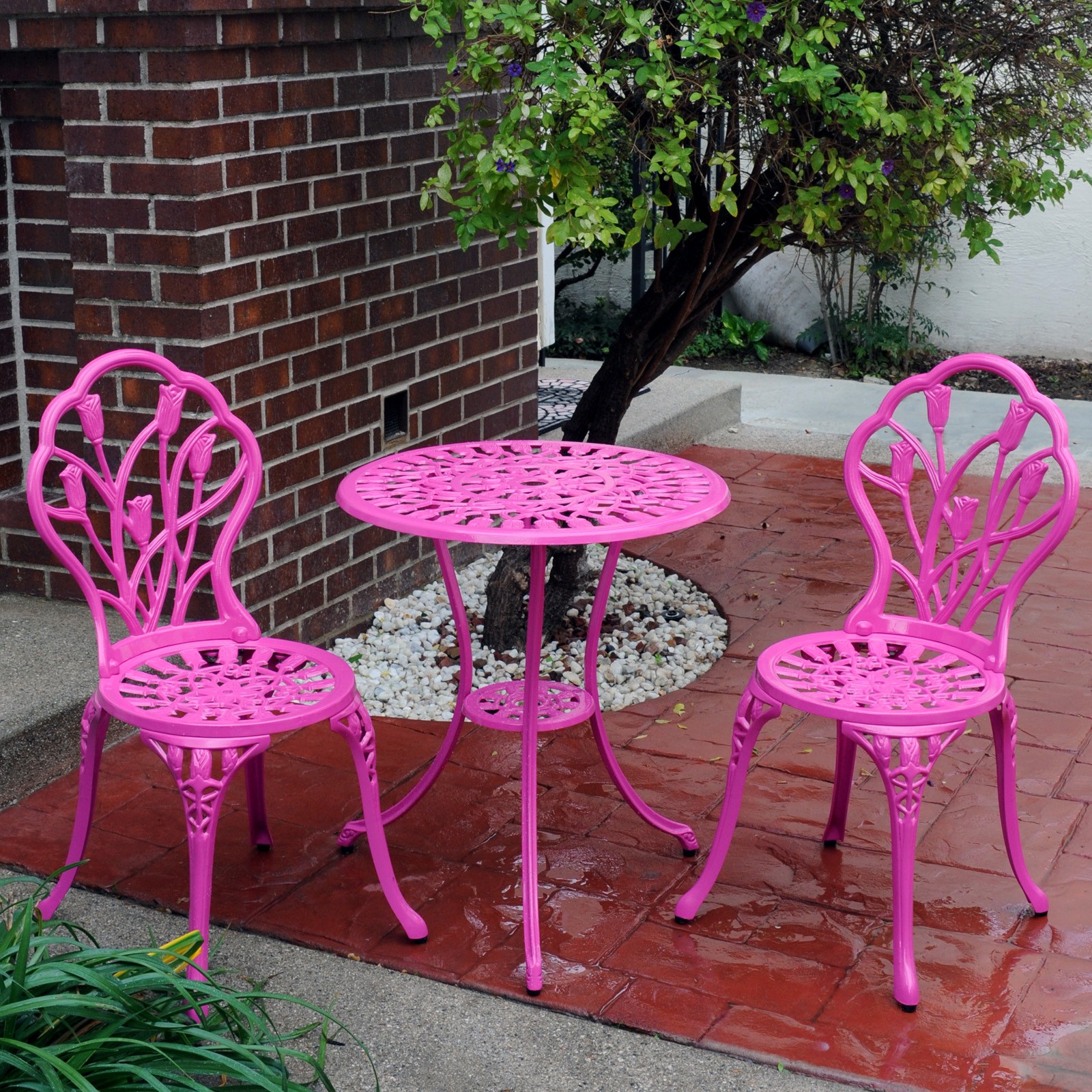 Somette pink tulip cast aluminum outdoor 3 piece bistro set