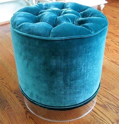 Tufted velvet stool in teal features clear acrylic base round