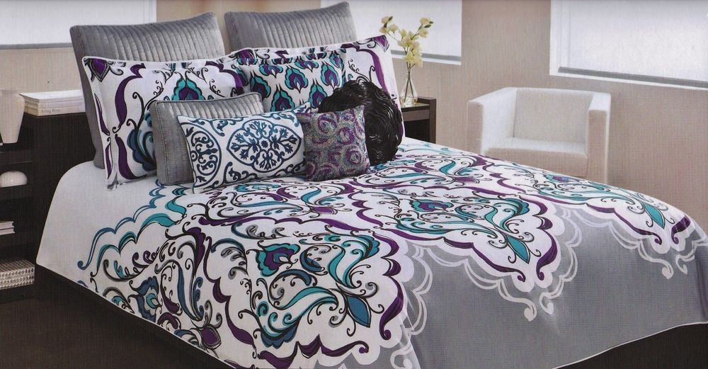 Cynthia Rowley Queen Scroll Medallion Teal Purple Gray Blue 7 Pc Comforter Set