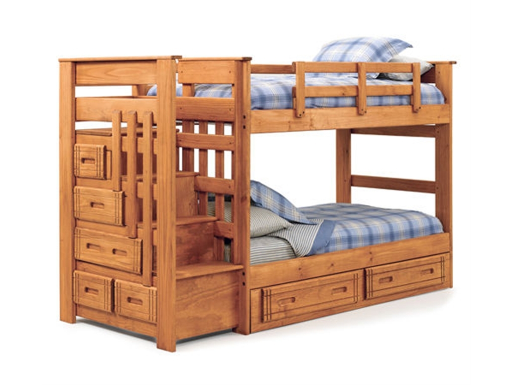 twin over twin bunk beds with stairs and storage