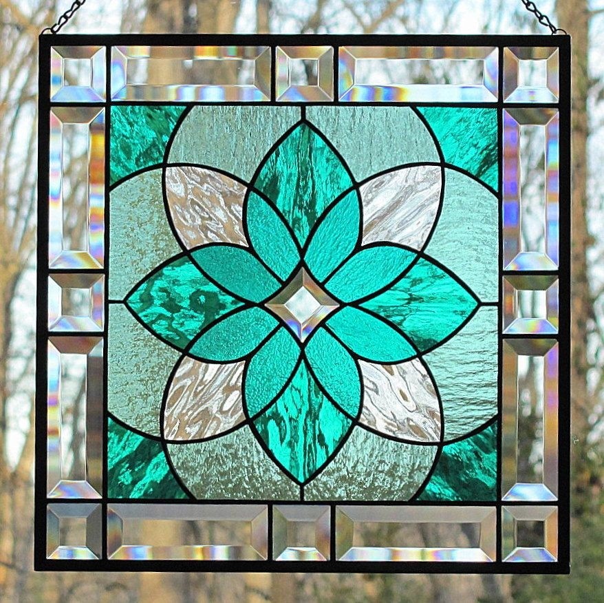 Stained glass beveled hanging panel teal