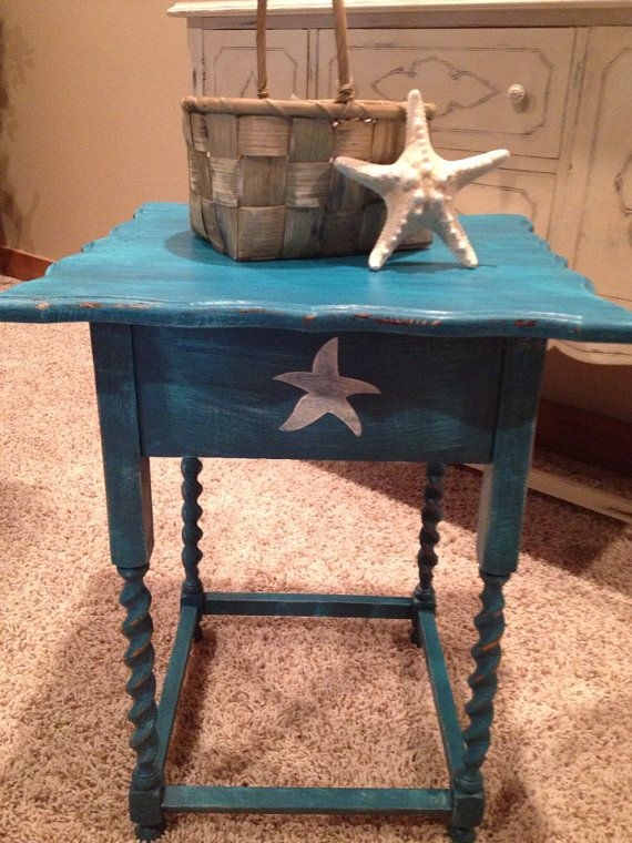 Beautiful antique side corner end table hand painted dark turquoise