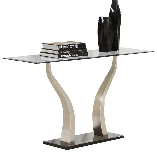 Glass sofa table in chrome and black metal traditional console