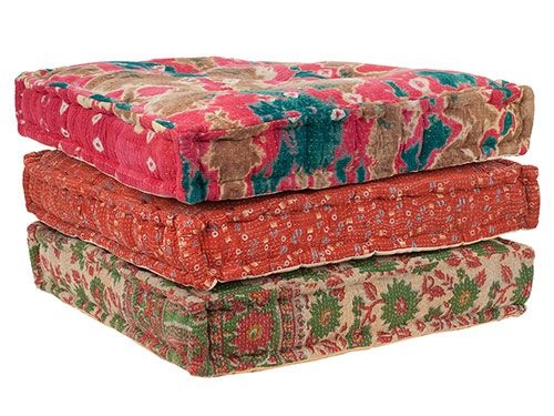 Kantha floor cushion hand stitched front from vintage saris