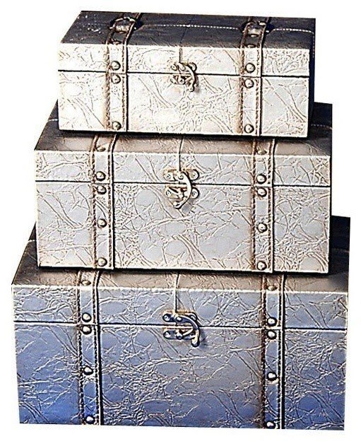 Set of 3 embossed silver trunks eclectic storage boxes