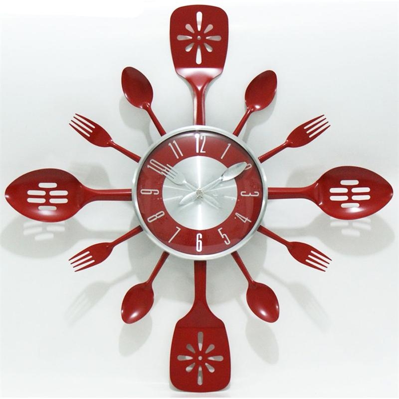 Stainless steel wall clock red kitchen wall clock with flatware