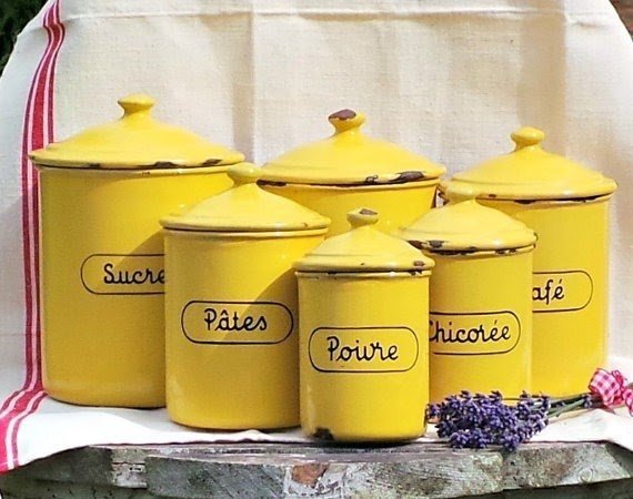 Yellow enamel kitchen canisters vintage