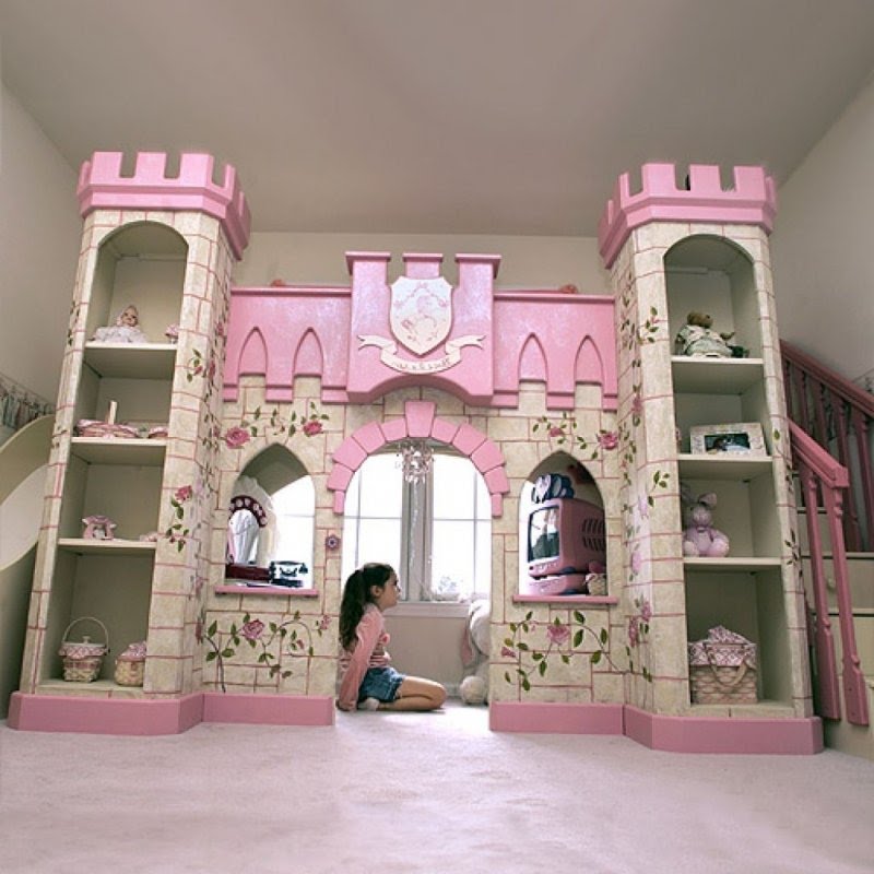 Girls princess playhouse bed with slide steps beds