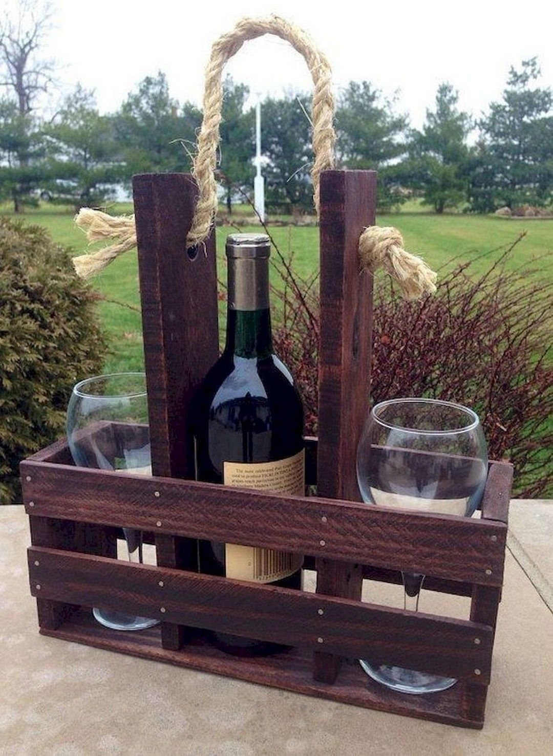 Handmade wood wine bottle glass carrier