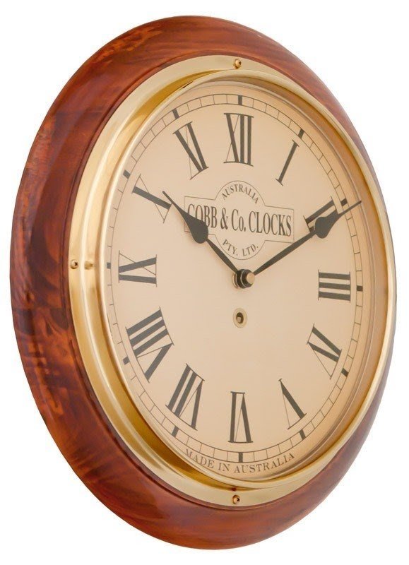 Medium railway wall clock roman numerals golden oak finish 45