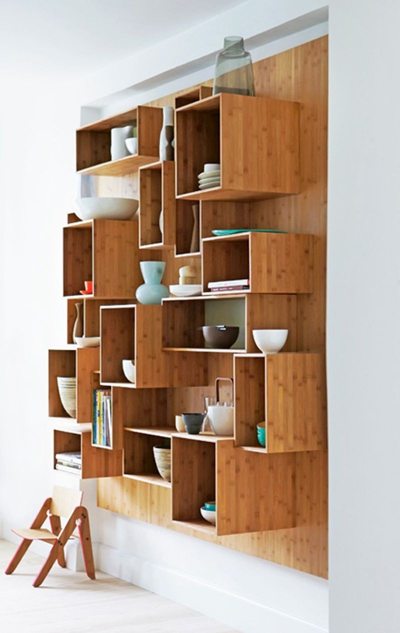Natural wood floating shelves