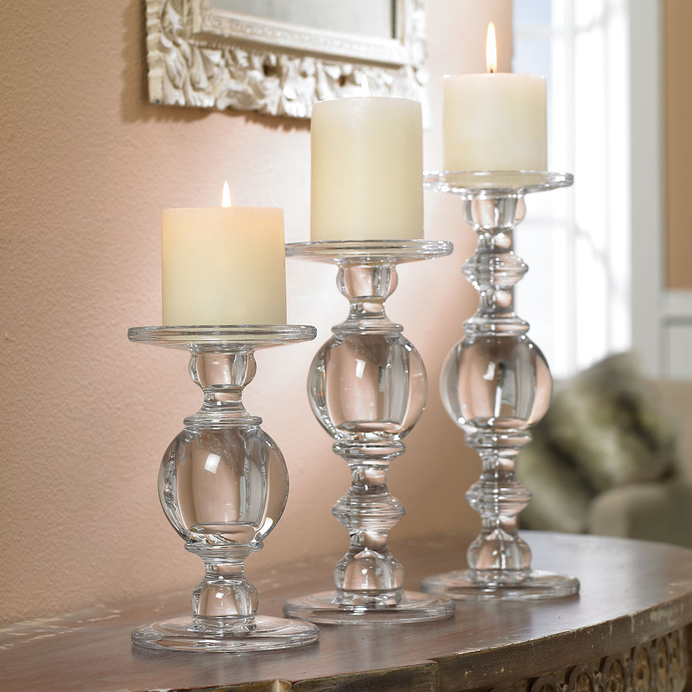 Set Of Three Solid Glass Baluster Pillar Candle Candlesticks