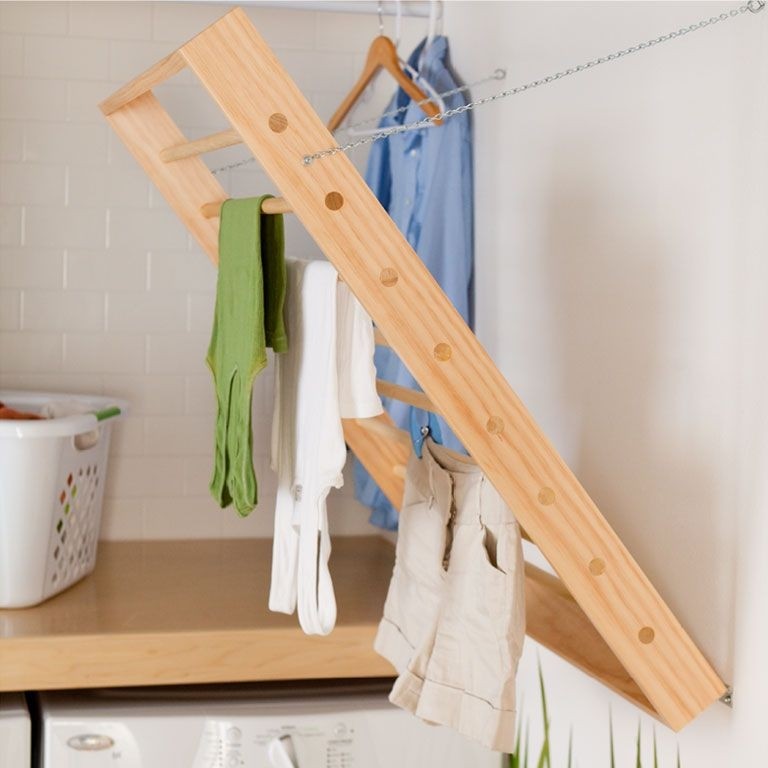 Wooden wall mounted laundry drying rack