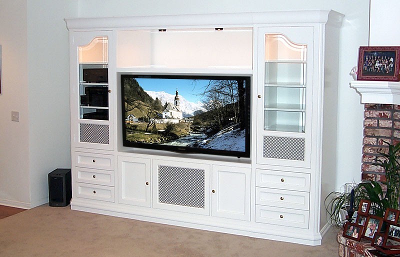 Stunning white home theater furniture system shown in the isabella