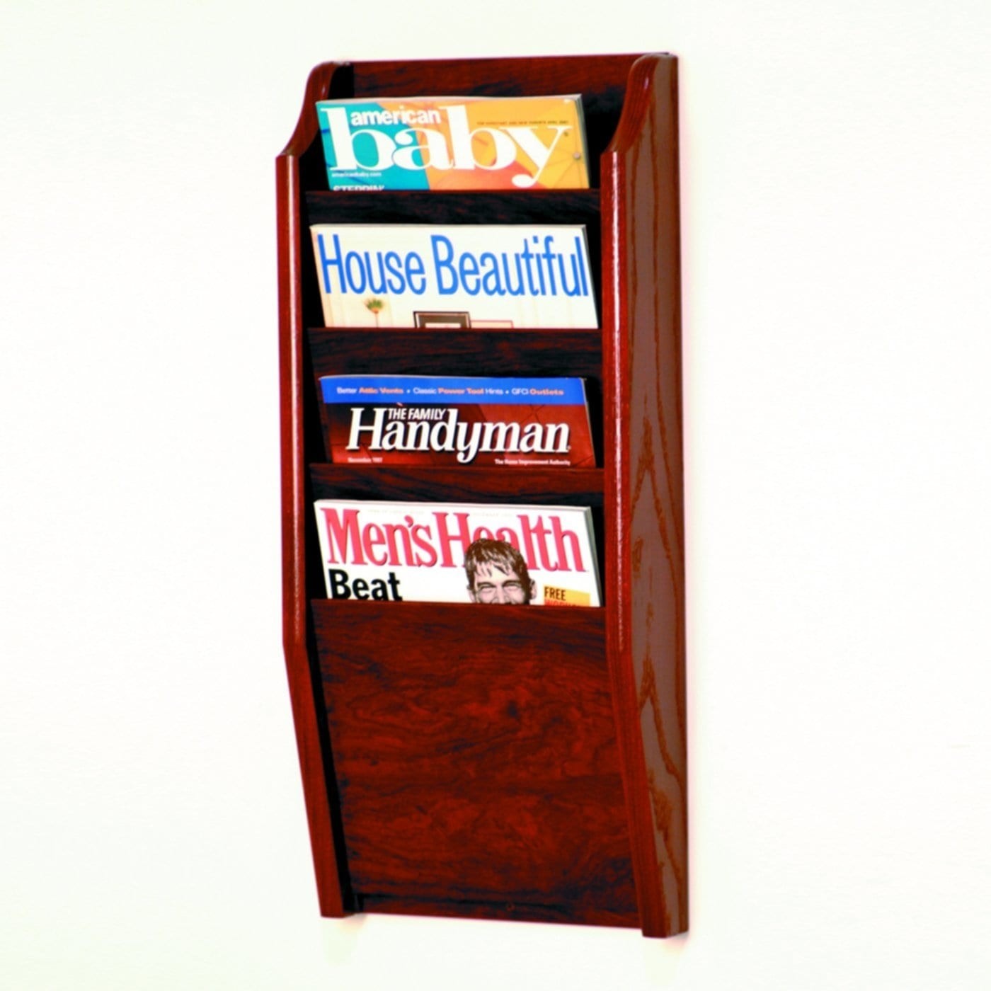 Wooden mallet 4 pocket wall mount magazine rack