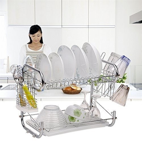 2 Tiers C Shape Chrome Rust-proof Kitchen Dish Cup Drying Rack Drainer Dryer Tray Cutlery Holder Organizer