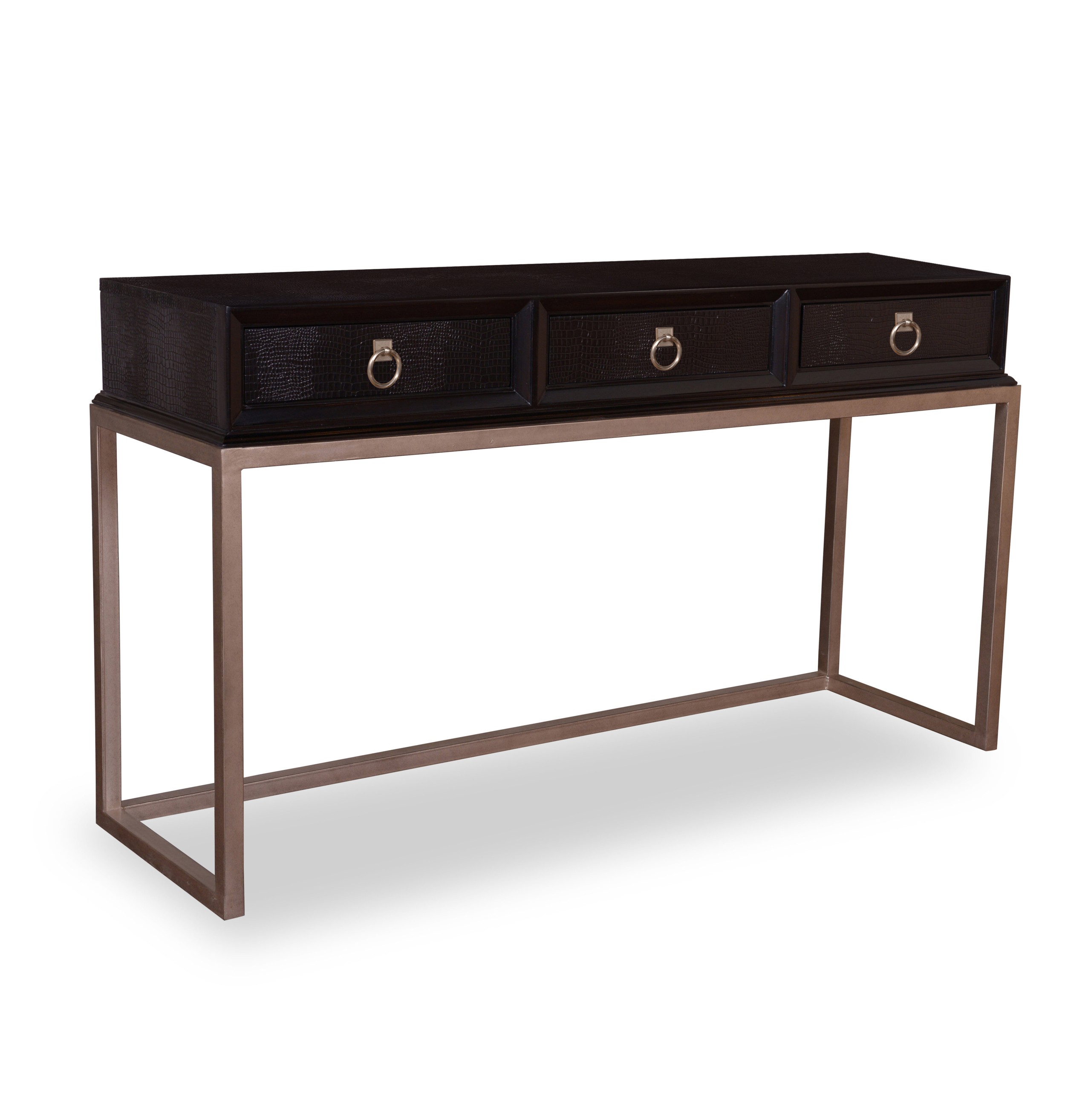 Console table with faux crocodile embossed leather metal base