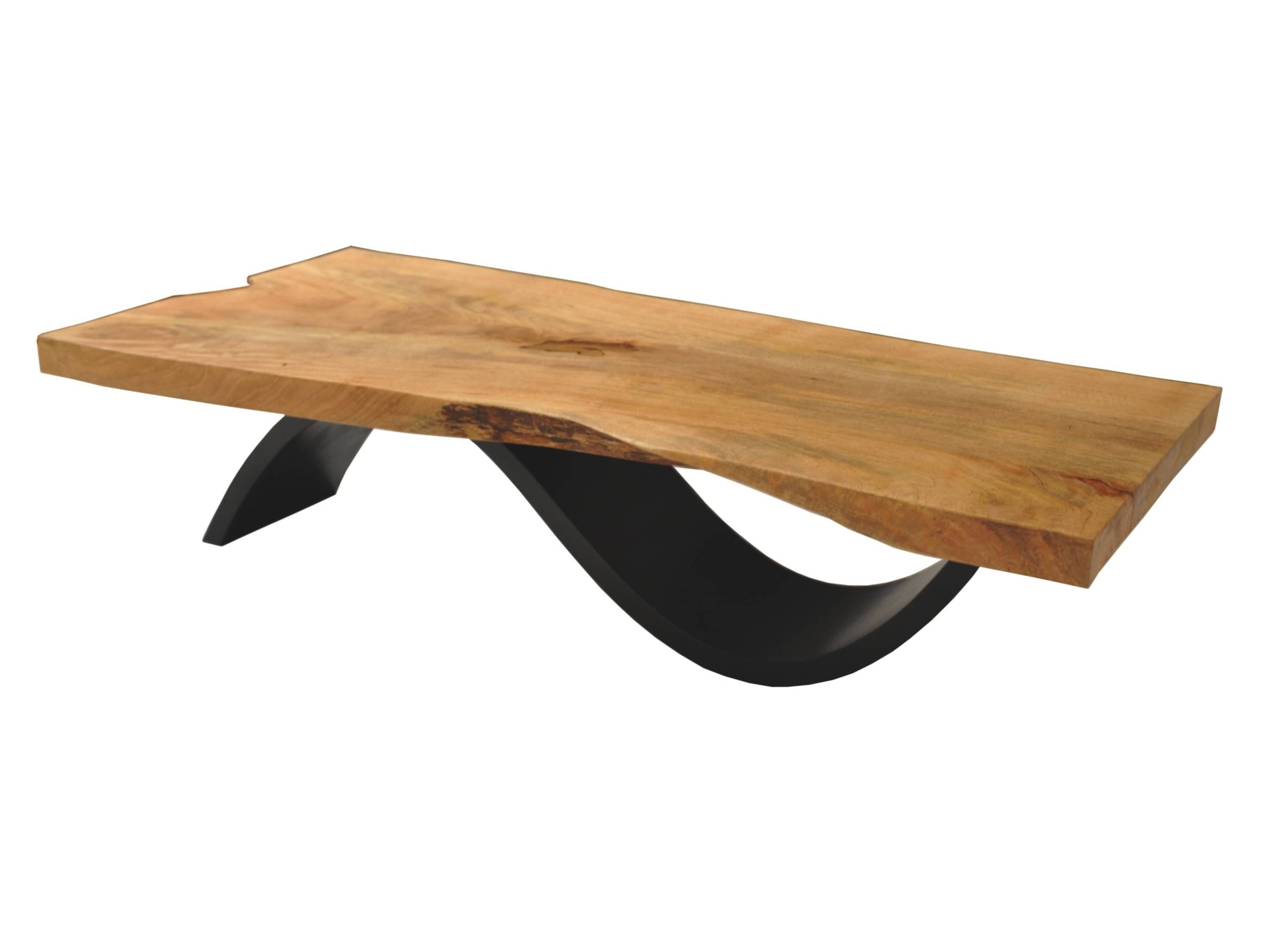 Contemporary coffee table made of reclaimed wood with curvy black