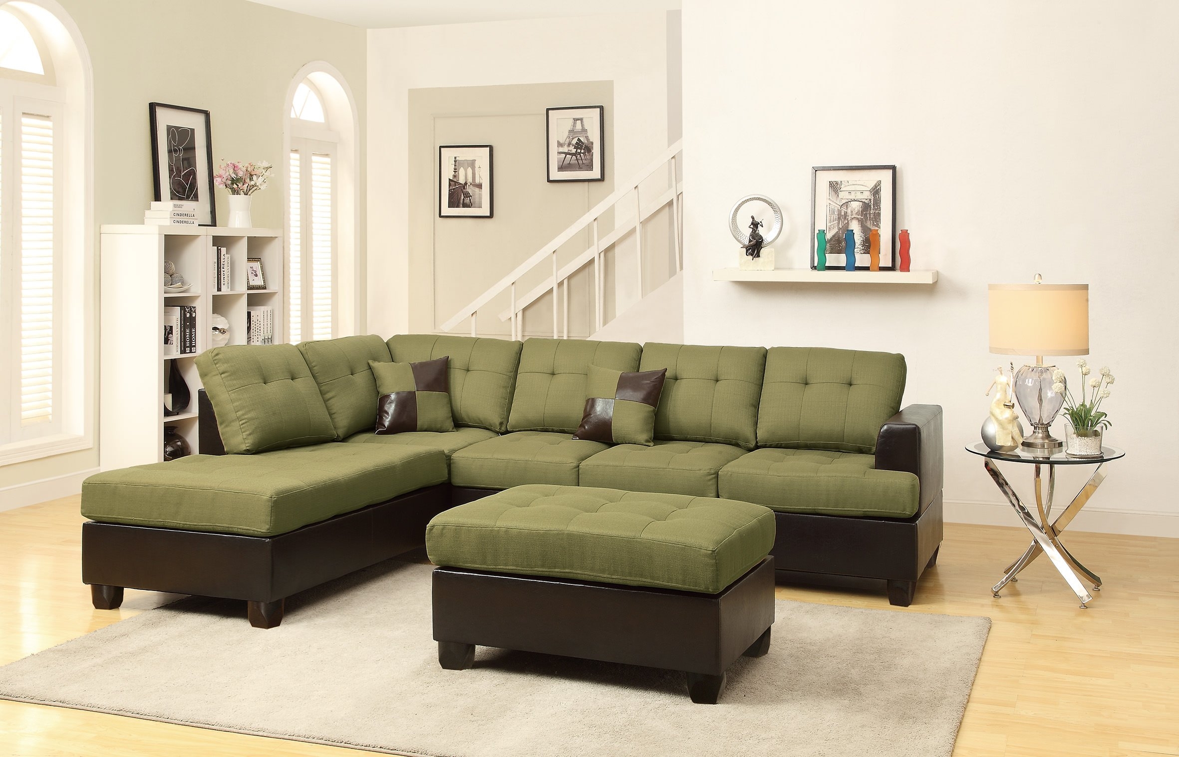 Poundex Bobkona Winden Blended Linen 3-Piece Reversible Sectional Sofa with Ottoman, Peridot