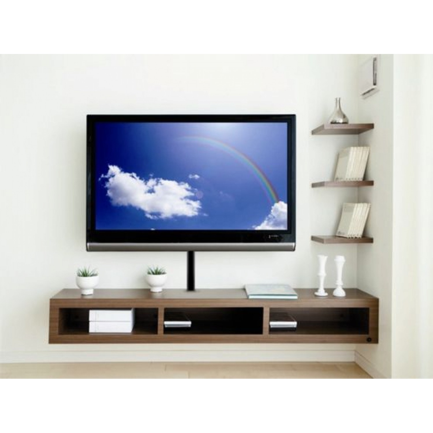 Use floating shelves to decorate your wall mounted television