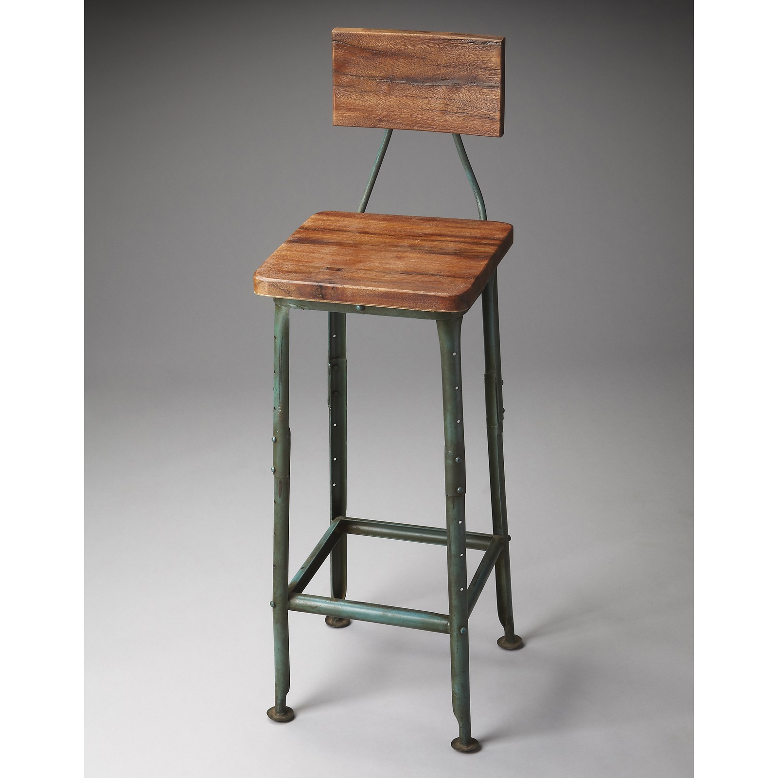 Metalworks bar stool with wooden seat and back rustic bar