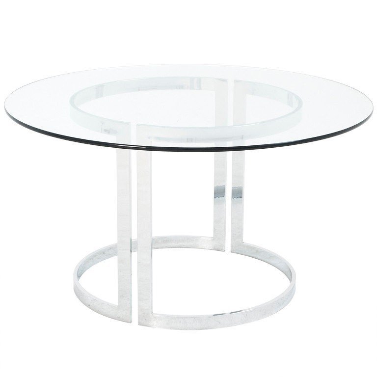 Italian dining table with sculptural chrome base and glass round