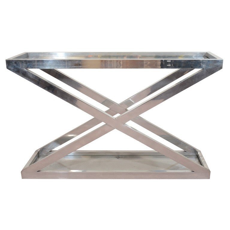 Mid century chrome and glass x form console table