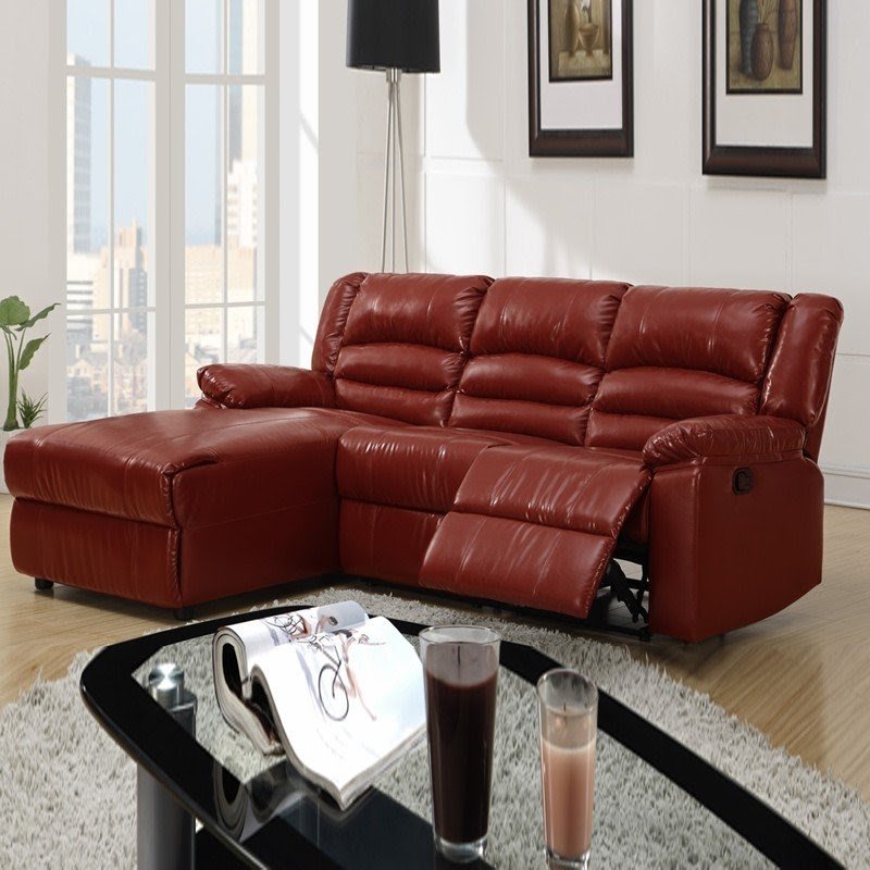 Small burgundy bonded leather loveseat recliner left chaise sectional