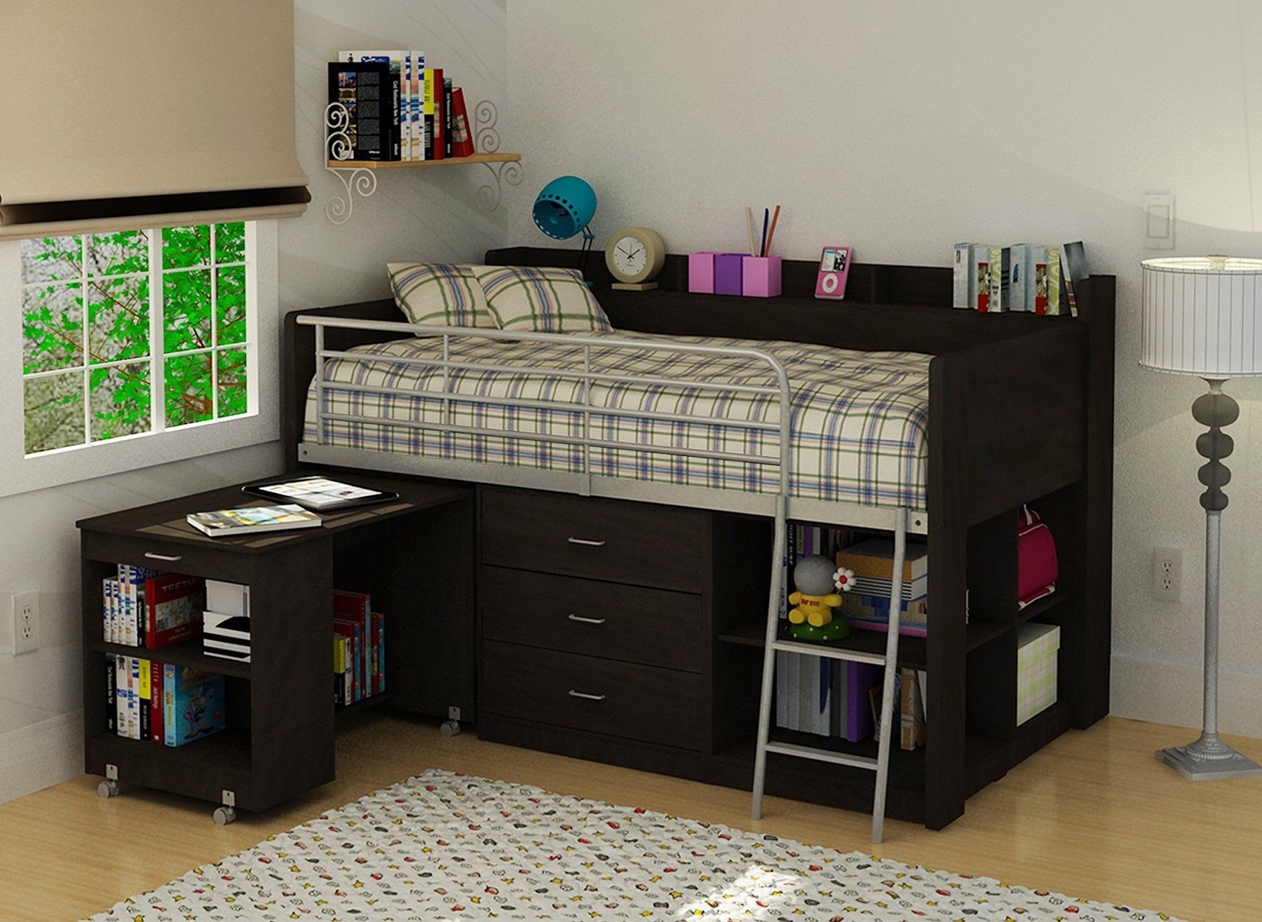 Loft bed with desk and bookshelf