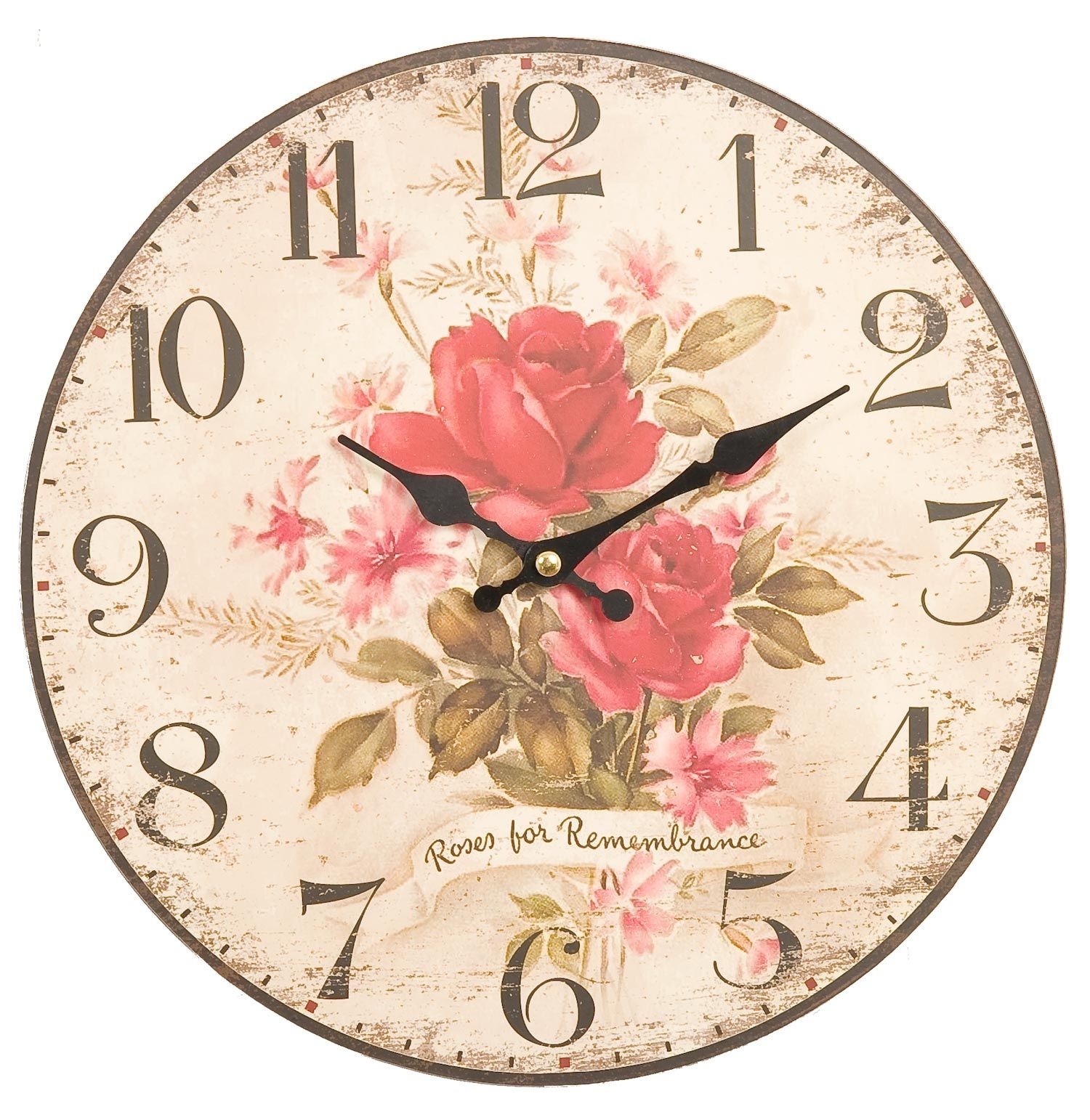 New shabby chic distressed red rose wall clock