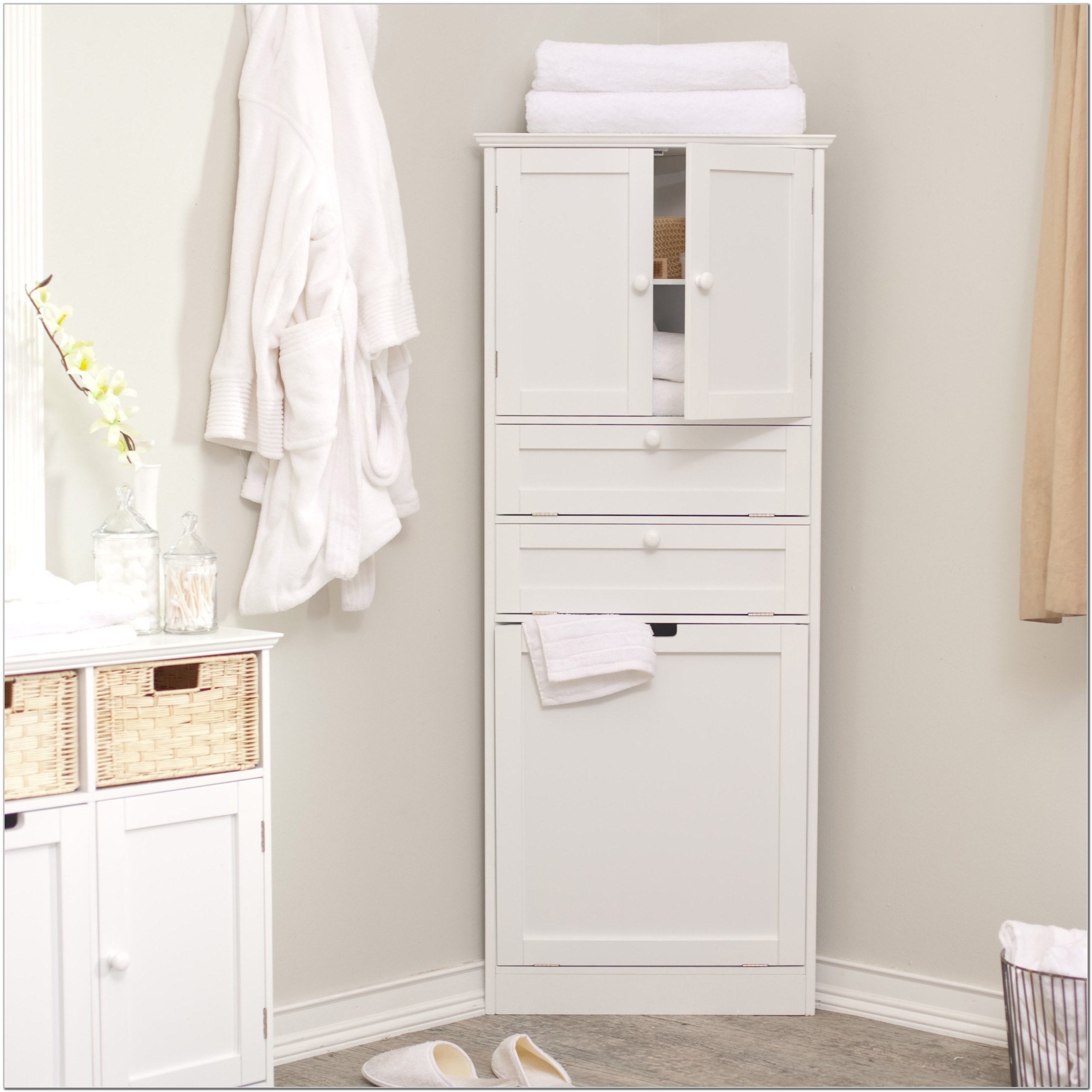 Bathroom cool white wooden corner bathroom storage cabinets with