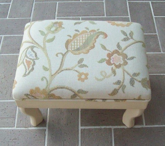 Vintage floral tapestry footstool small foot stool wooden legs cream