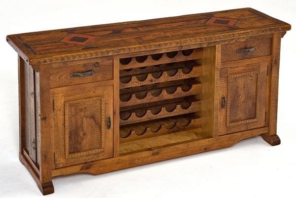 Wine rack barnwood sideboard with inlaid wood metal with wine