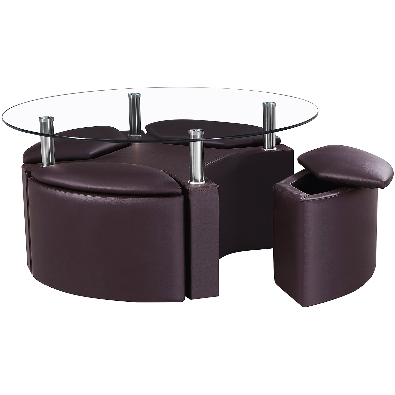 Round chrome glass coffee table with 4 ottoman storage stools