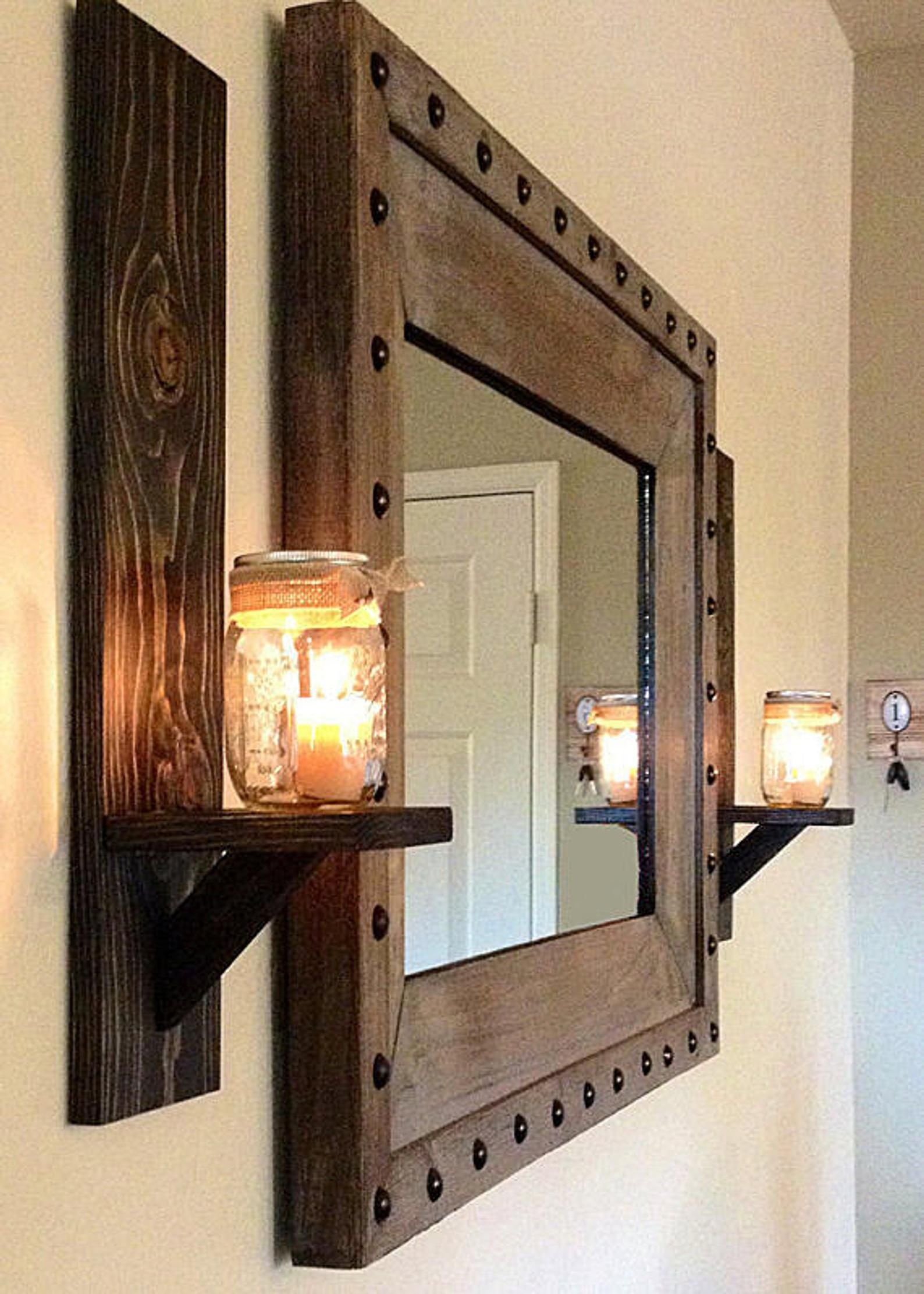 Hanging Shelf Cherry Farmhouse Wall Decor Large Wooden Handmade Wallmounted Rustic Pillar Candle Sconce 4 Rustic Candleholders Floating Shelves | Wall-mount Wooden Candle Holders